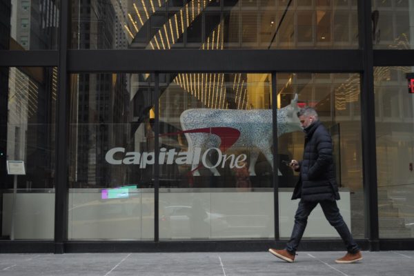 January 18, 2024, New York, United States: A pedestrian walks past a Capital One office in midtown Manhattan. (Credit Image: © Jimin Kim/SOPA Images via ZUMA Press Wire)
