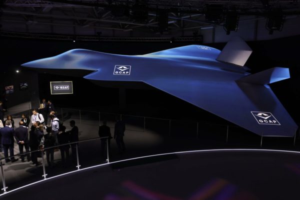 epa11491566 The Global Combat Air Programme (GCAP) fighter concept, a multinational initiative led by the United Kingdom, Japan, and Italy, is on display during the opening day of the Farnborough International Airshow in Farnborough, Britain, 22 July 2024. The aviation summit is typically a platform for planemakers to rack up multibillion-dollar deals. The airshow runs from 22 to 26 July.  EPA/NEIL HALL