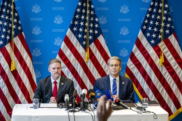 epa12093122 US Trade Representative Jamieson Greer (L) and US Secretary of the Treasury Scott Bessent (R) speak during a press conference after two days of closed-door discussions on trade between the United States and China, in Geneva, Switzerland, 12 May 2025. The United States and China announced they agreed to cut tariffs for an initial 90-day period.  EPA/JEAN-CHRISTOPHE BOTT