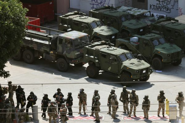 June 8, 2025, Los Angeles, California, USA: California National Guard troops gather outside a federal detention center in downtown Los Angeles on the third day of protests against ICE and Donald Trumpâ€™s immigration policy. (Credit Image: © Jonathan Alcorn/ZUMA Press Wire)