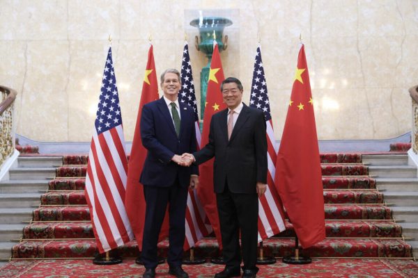 Chinese Vice Premier He Lifeng, also a member of the Political Bureau of the Communist Party of China Central Committee, shakes hands with U.S. Treasury Secretary Scott Bessent prior to the first meeting of the China-U.S. economic and trade consultation mechanism in London, Britain, on June 9, 2025. The meeting opened here on Monday. He Lifeng attended the meeting with U.S. representatives. Photo by Li Ying/Xinhua/ABACAPRESS.COM